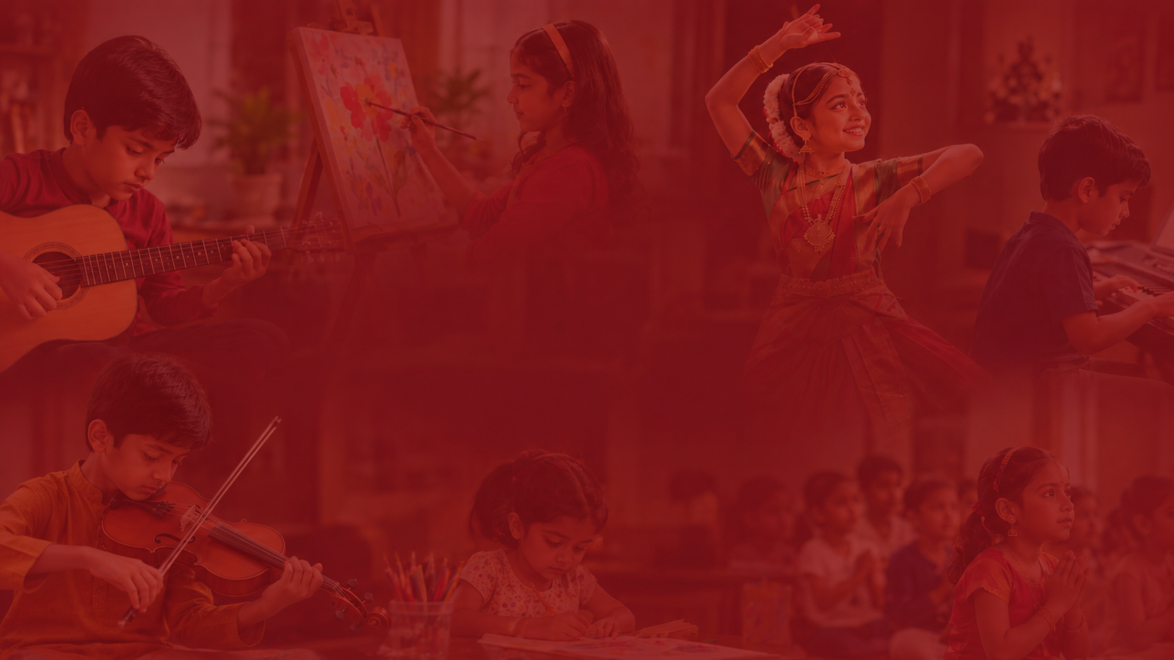 Children learning violin, guitar, keyboard, painting and Bharatanatyam